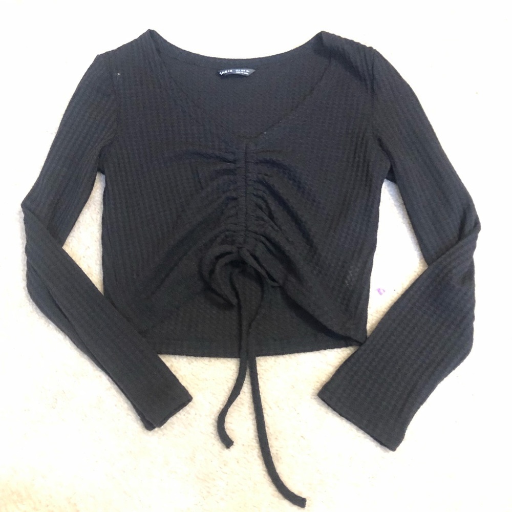 Drawstring Ruched Front Rib-knit Crop Tee - Picture 2 of 3